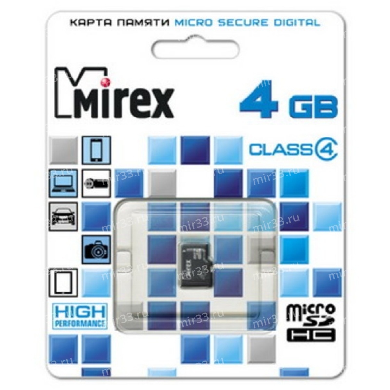 Карта памяти microSDHC 4Gb Mirex, Class4, без адаптера
