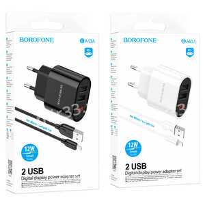 Блок питания сетевой 2 USB Borofone, BA63A, 2.4A, пластик, кабель Micro USB, цвет: белый