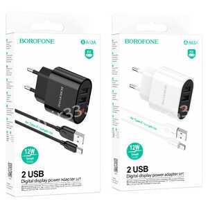 Блок питания сетевой 2 USB Borofone, BA63A, 2.4A, пластик, кабель Type-C, цвет: белый