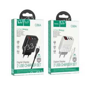 Блок питания сетевой 2 USB HOCO C86A, Illustrious, 2400mA, кабель Micro USB, цвет: чёрный