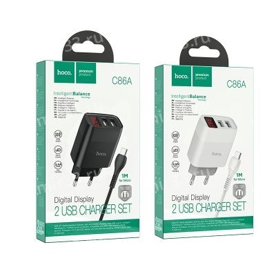 Блок питания сетевой 2 USB HOCO C86A, Illustrious, 2400mA, кабель Micro USB, цвет: чёрный