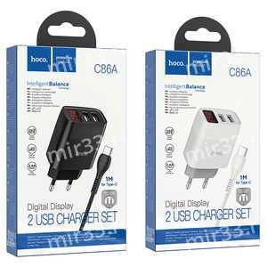 Блок питания сетевой 2 USB HOCO C86A, Illustrious, 2400mA, кабель Type-C, цвет: белый