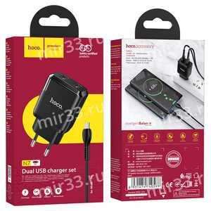 Блок питания сетевой 2 USB HOCO N7 , Speedy, 2400mA, кабель Micro USB, цвет: чёрный