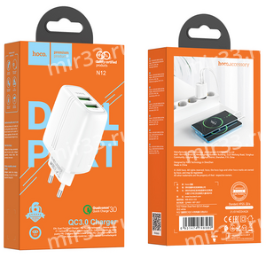 Блок питания сетевой 2 USB HOCO, N12, 3A, QC3.0 пластик, цвет: белый