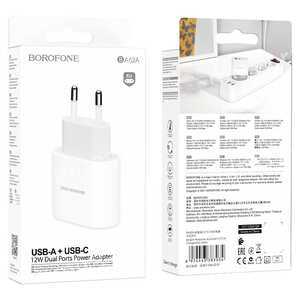 Блок питания сетевой 1 USB, Type-C Borofone BA62A, Wiseacre, 2400mA, цвет: белый