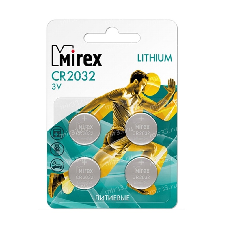 Батарейка Mirex CR2032-4BL Lithium, 3В, (4/216/648)