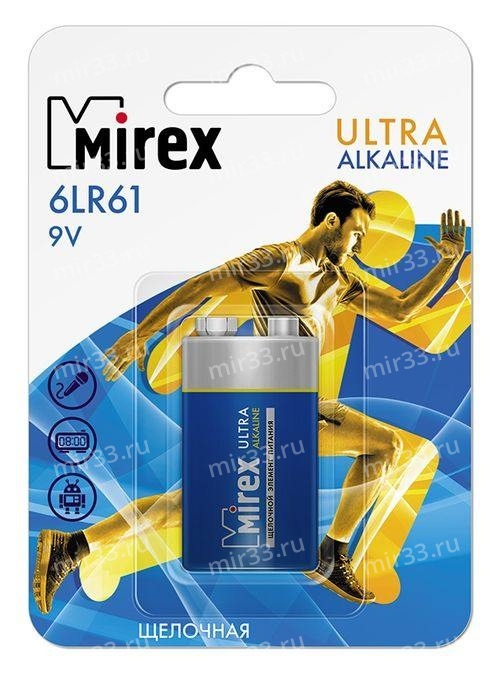 Батарейка Крона Mirex 6LR61-1P Ultra Alkaline, 9В, (1/12/240), (арт.23702-6LR6-S1)