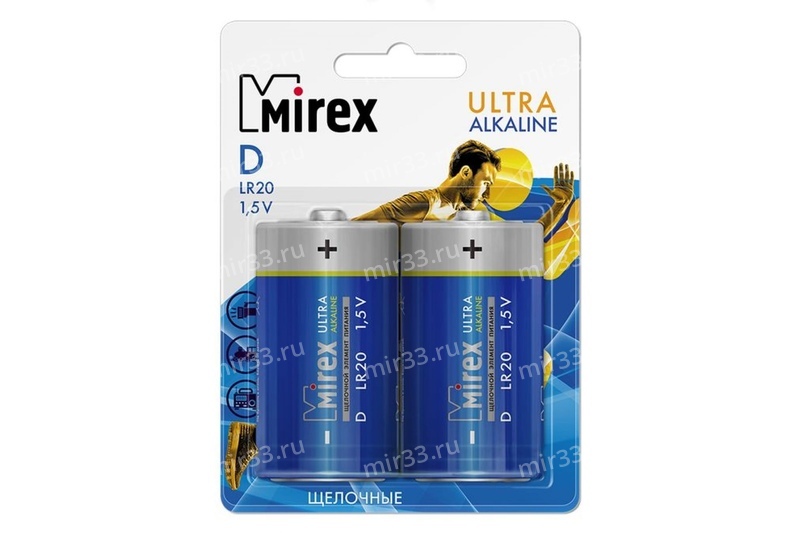 Батарейка D Mirex LR20P-2BL Ultra Alkaline, 1.5B, (2/12/96), (арт.23702-LR20-E2)