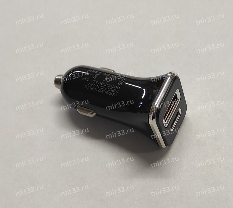 Блок питания автомобильный 1 USB 3.0, Type-C без бренда, 3.0A, цвет: чёрный