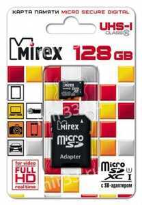Карта памяти microSDXC 128Gb Mirex, Class10, UHS-I 30Mb/s, с адаптером