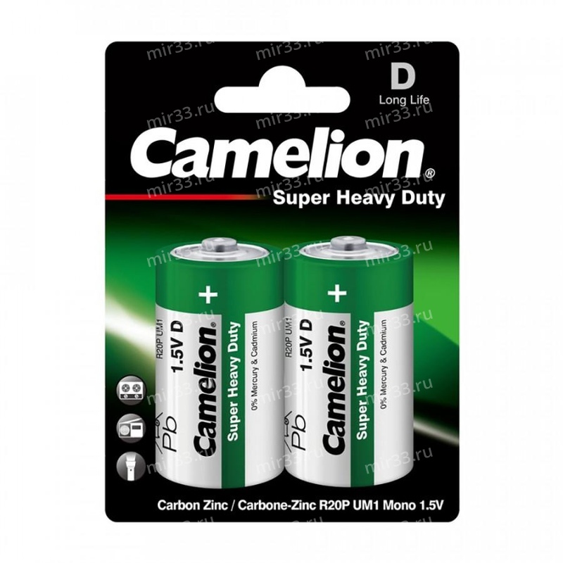 Батарейка D Camelion R20-2BL, 1.5B, зелёный, (2/12/144)