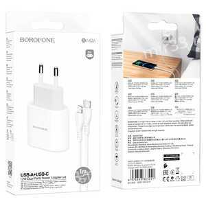 Блок питания сетевой 1 USB, Type-C Borofone BA62A, Wiseacre, 2400mA, кабель 8 pin, Type-C, цвет: бел