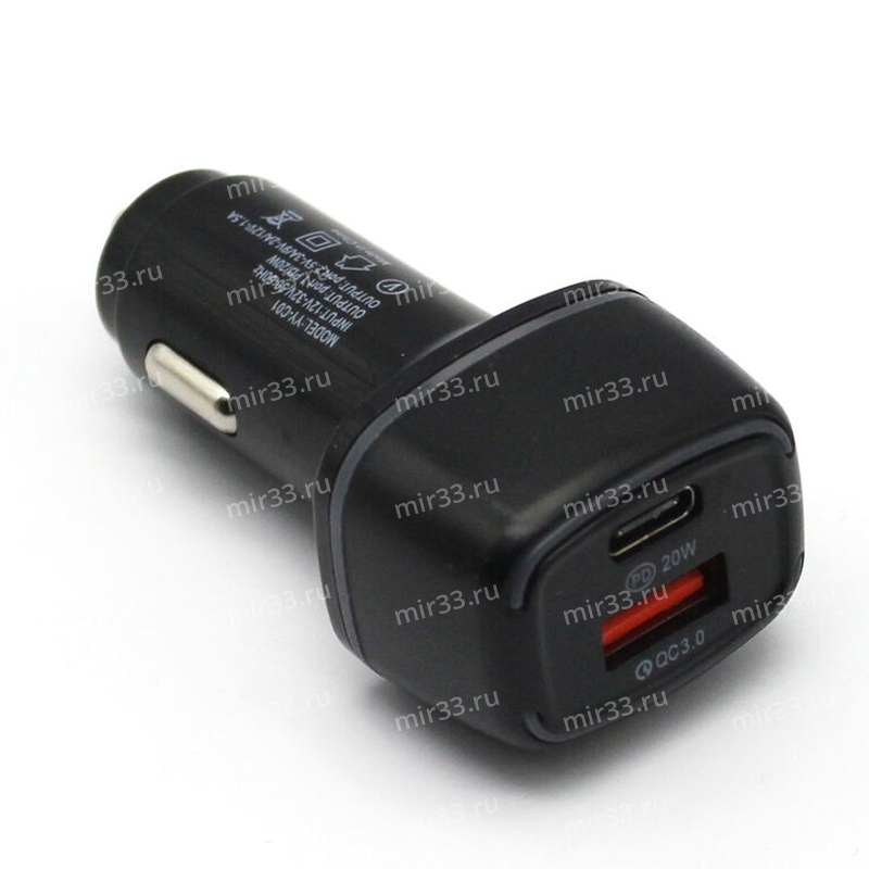 Блок питания автомобильный 1 USB, Type-C YY-C01, QC3.0,  цвет: чёрный