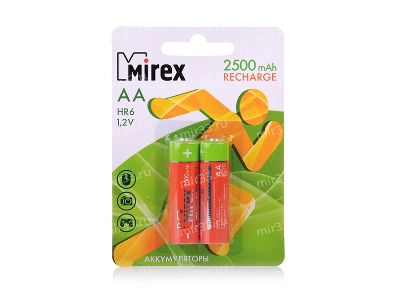 Аккумулятор AA Mirex, HR06-2BL, Recharge, 2500mAh, 1.2V Ni-MH, (2/20/100)
