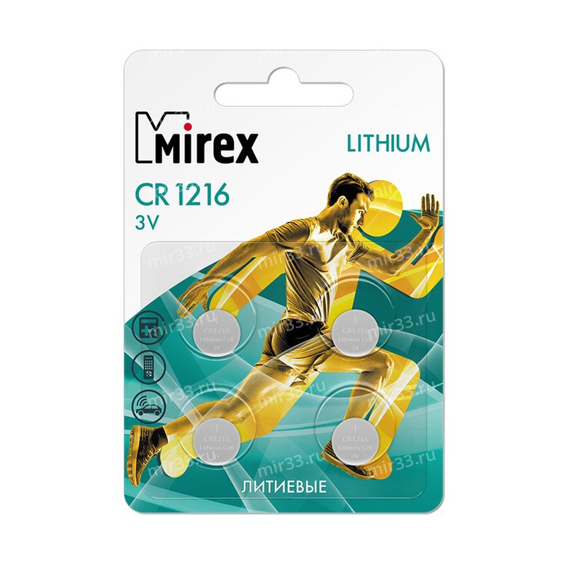 Батарейка Mirex CR1216-4BL Lithium, 3В, (4/216/648)