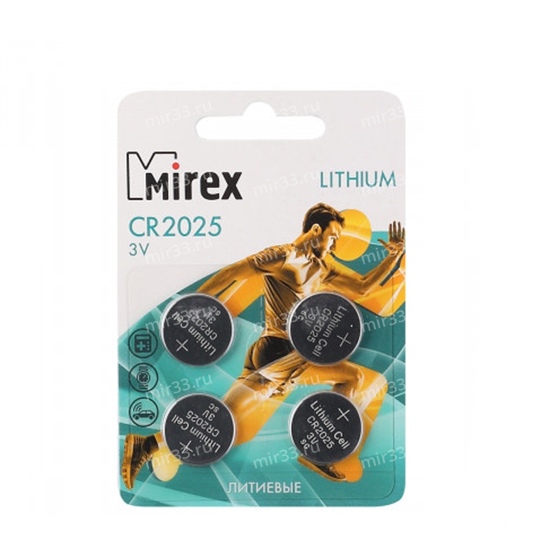 Батарейка Mirex CR2025-4BL Lithium, 3В, (4/216/648)