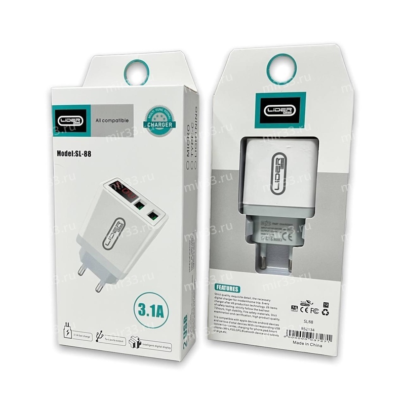 Блок питания сетевой 2 USB Lider mobile, SL88, 3.1A, пластик, цвет: белый