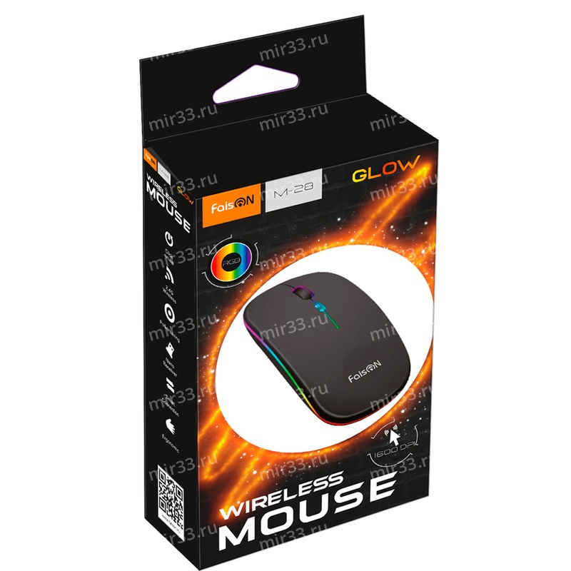 Мышь беспроводная FaisON, M-28, Glow, 1600 DPI, оптическая, подсветка RGB, USB, 3 кнопки, цвет: чёрн