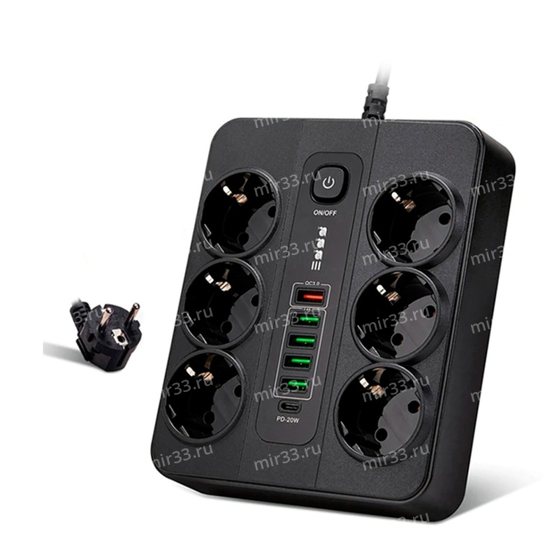 Удлинитель электрический Power Socket BKL-11, 2.0м, 6 розеток, Type-C, 1 USB QC3.0, 4 USB, мятая уп.