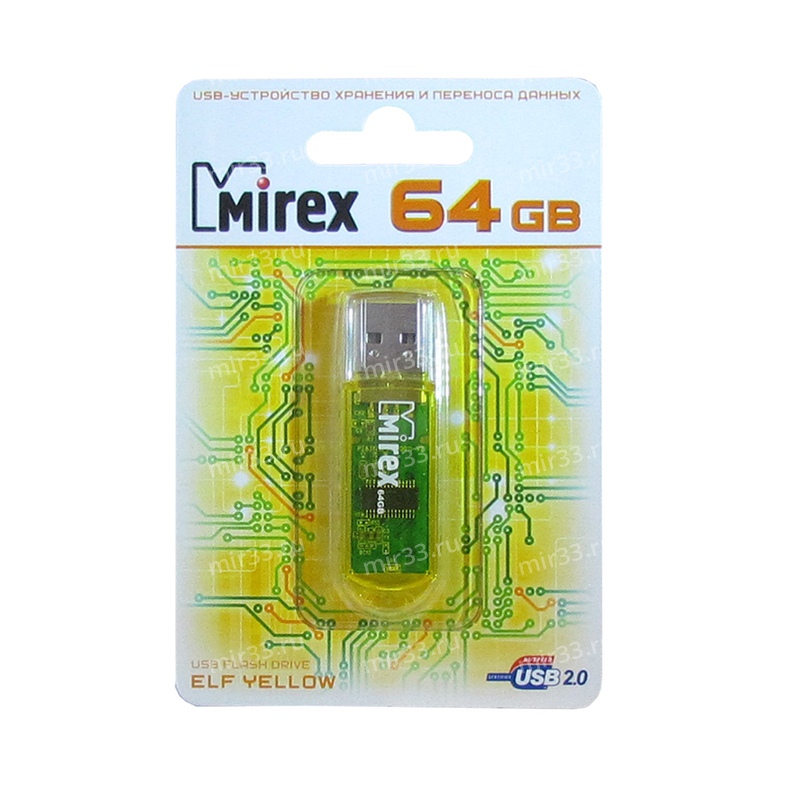 Флеш-накопитель 64Gb Mirex ELF, USB 2.0, пластик, жёлтый