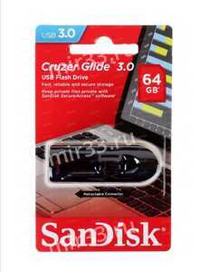 Флеш-накопитель 64Gb SanDisk Cruzer Glide, USB 3.0, пластик, чёрный