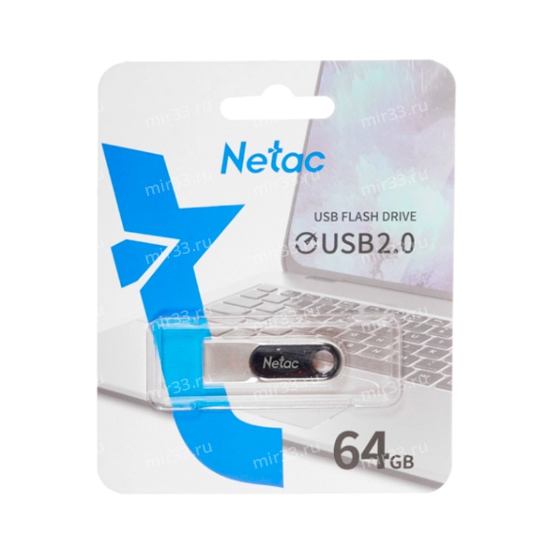 Флеш-накопитель 64Gb Netac U278, USB 2.0, металл, серебряный, чёрная вставка
