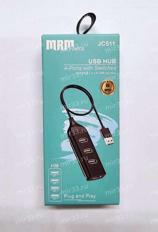 USB-концентратор JC511, 4USB, Ports 2.0, цвет: чёрный