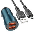 Блок питания автомобильный 2 USB Borofone BZ19, Wisdom, 12Вт, кабель микро USB, цвет: синий