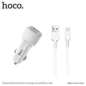 Блок питания автомобильный 2 USB HOCO Z23, Grand Style, 2400mA, 12Вт, кабель микро USB, цвет: белый