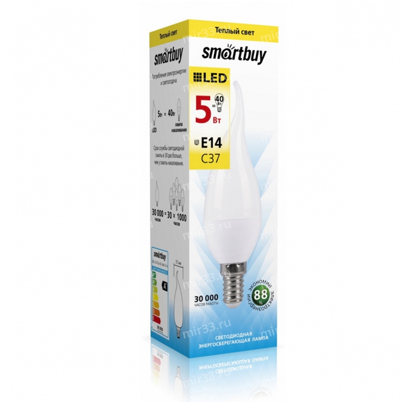 Лампа светодиодная SmartBuy, C37, E14, свеча, 5Вт/220-240V/3000К, LED