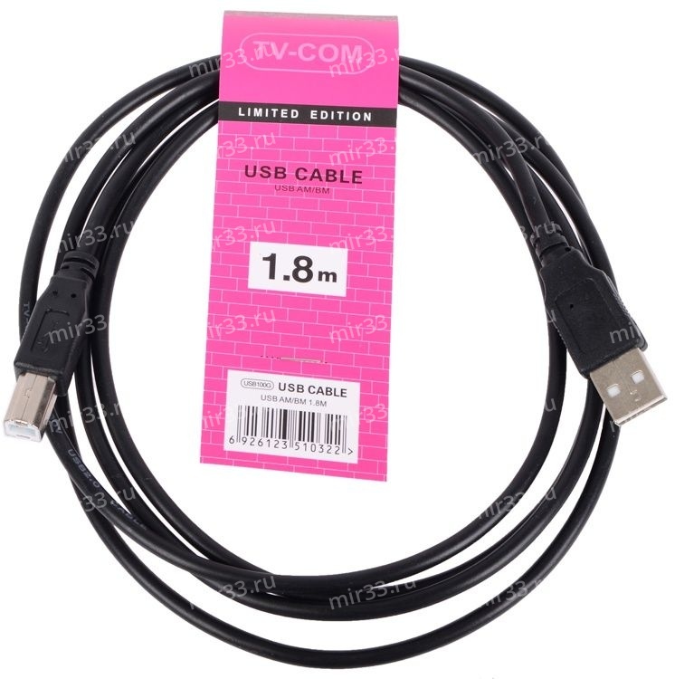 Кабель USB 2.0 A(m) - USB 2.0 B(m) TV-COM USB100G, 1.8м, цвет: чёрный