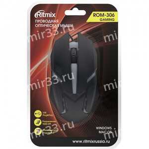Мышь проводная Ritmix, ROM-306, оптическая, кабель 1.2м, цвет: чёрный